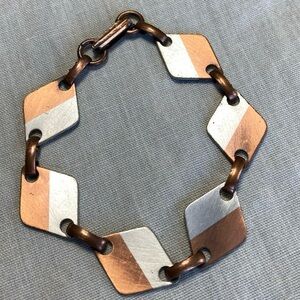 Vintage Solid Copper Two Tone Diamond Shaped Link  Bracelet ~ 7.5”
